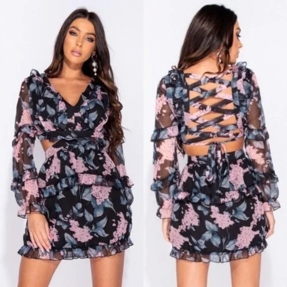 Black Floral Print Long Sleeve V-Neck Open Back Ruffle Mini Dress - Picture 1 of 14